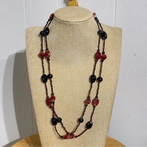 Long Red & Black Beaded Necklace